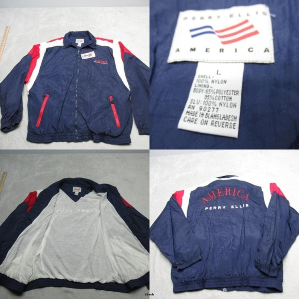 Vintage Perry Ellis‎ America Jacket Mens Large Blue Red Full Zip Windbreaker NEW